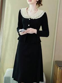 蕾絲領長袖上衣+裙子 - 彩色 - 查看 1