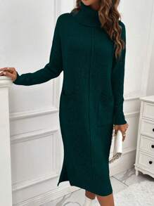 SHEIN LUNE 女士單色高領蝙蝠袖毛衣連衣裙,側開衩設計 - 墨綠色 - 查看 3