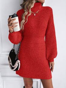 SHEIN Essnce 短領提花蓋肩休閒毛衣裙 - 紅色 - 查看 5