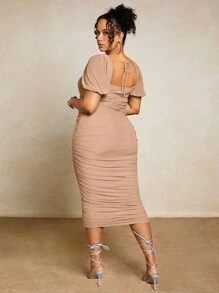 SHEIN BAE Women'S Square Neck Pencil Dress With Ruched Design, Wedding Guest Dress,Birthday Dresses For Women - Khaki - View 2