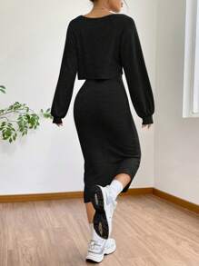 SHEIN EZwear 高開叉裙擺＆無肩帶胸衣連身裙和短外套套裝2入組 - 黑色 - 查看 2