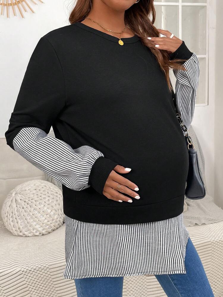 Maternity Striped Patchwork Sports Sweatshirt, For Winter