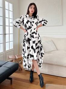 DAZY 不對稱下擺襯衫連衣裙 - 黑與白 - 查看 3