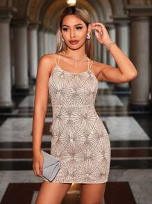 SHEIN Unity Ladies' Glitter Bodycon Spaghetti Strap Dress - Champagne - View 3