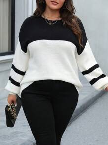 Calvaya Women'S Plus Size Color Block Sweater - Black and White - View 1
