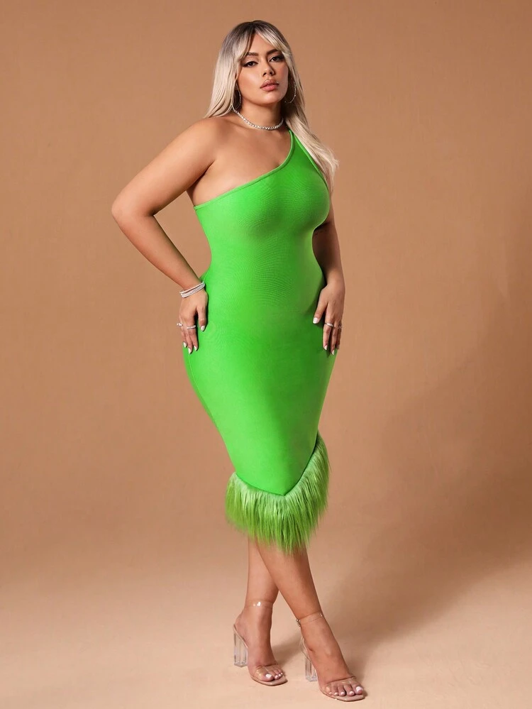 New Years Plus Size One Shoulder Elegant Bandage Prom Dress With Furry Trim