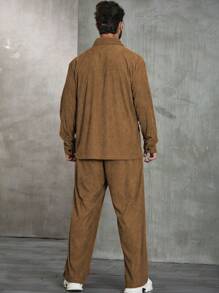Extended Sizes Men's Plus Size Solid Color Corduroy 2pcs/Set Outfit - Brown - View 2