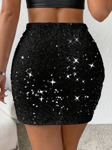 Allurite Váy xẻ tà trang trí sequin, thiết kế tối giản cho trang phục dự tiệc và tụ họp ngày lễ của phụ nữ - màu đen - Xem 4