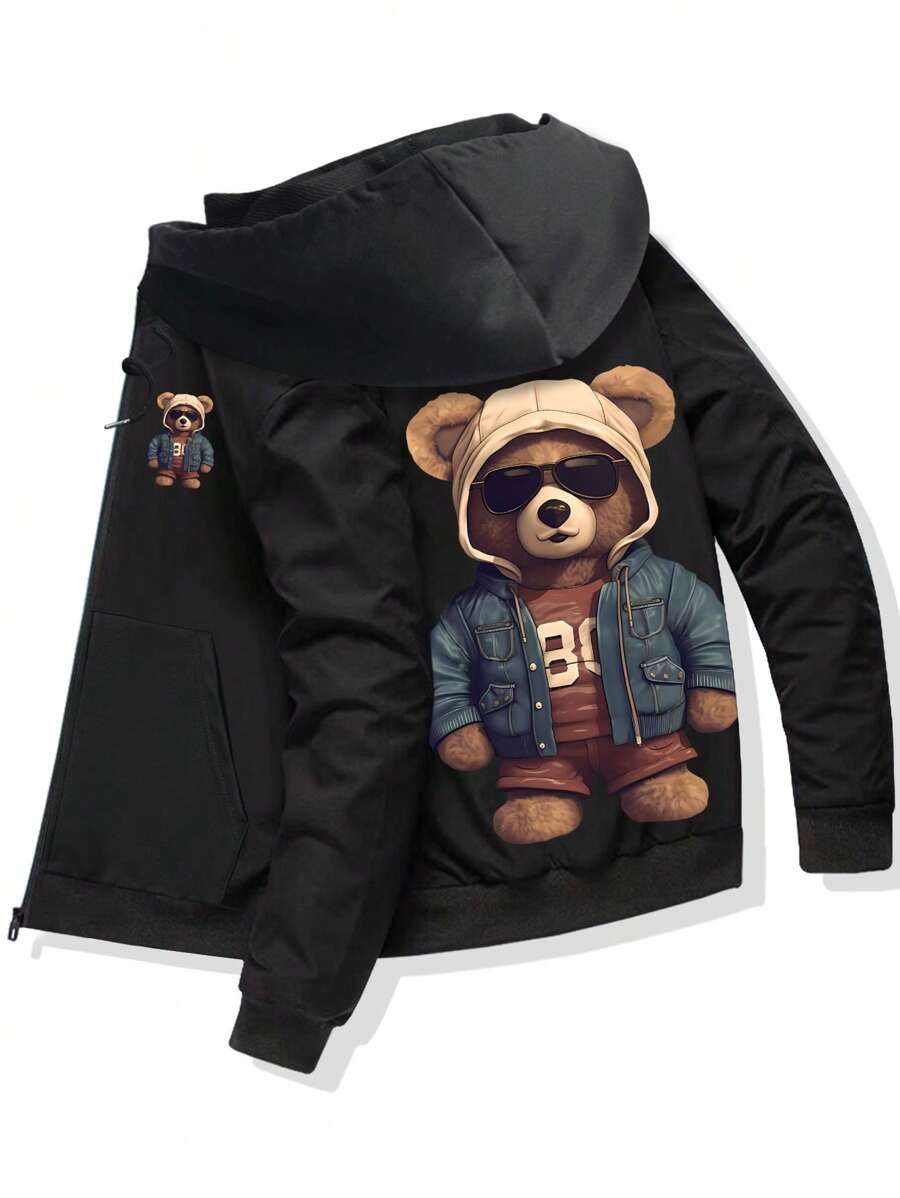 Men's Long Sleeve Bear Print Drawstring Rave Hooded Jacket, For Fall - Black - View 1