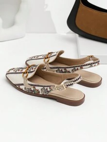 女士刺绣方头平底穆勒鞋，套脚式，百搭时尚，前袋后系带鞋 - 彩色 - 查看 6