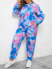 EMERY ROSE Nhuộm buộc Kích thước lớn Vòng cổ Tay áo dài Bộ đồ trên và quần - Nhiều màu - Xem 3