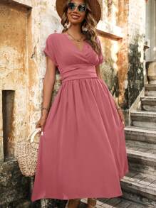 SHEIN LUNE Women's V-Neck Pleated Dress - Pink - View 6