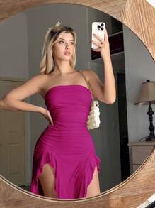 Sweetina Women's Bandeau Dress With Double Slit And Ruffled Hem - Red Violet - View 3