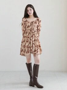 DAZY Floral Pattern Lantern Sleeve Dress,Ruffle Vacation Outfits Women - Brown - View 3