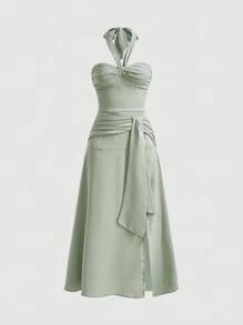 SHEIN MOD 正面掛脖結飾連身裙 - 綠色 - 查看 1