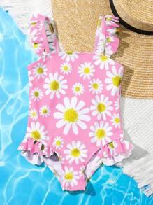 Young Girl Floral Print Ruffled One Piece Swimsuit - Pink - View 3