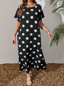 EMERY ROSE Plus Size Women's Black And White Polka Dot Long Dress For Spring For Summer