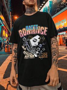ROMWE MEN Street Life 男士肖像標語印花短袖t卹適合日常春夏 - 黑色 - 查看 3