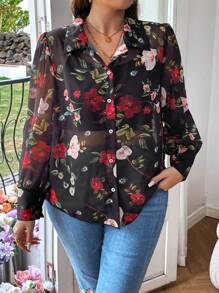 SHEIN Franclia Plus Size Floral Printed Shirt / Blouse - Black - View 4