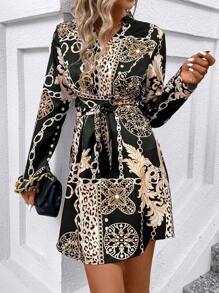 SHEIN Clasi 女款鏈條印花缺口領連身裙 - 彩色 - 查看 4