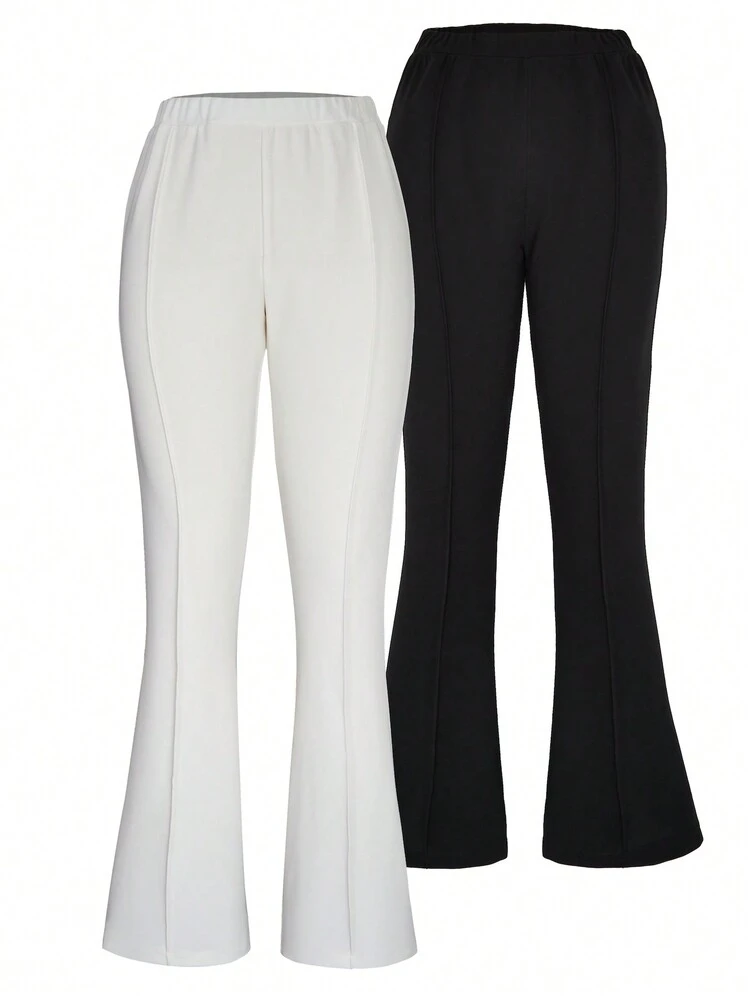 Ensemble De Pantalons Évasés Pour Filles Adolescentes À Taille Élastique En Noir Et Blanc, 2 Pièces/set - Noir et Blanc - Voir 5