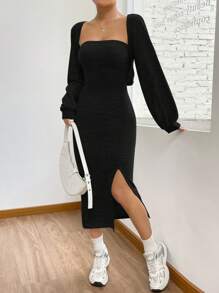 SHEIN EZwear 高開叉裙擺＆無肩帶胸衣連身裙和短外套套裝2入組 - 黑色 - 查看 5