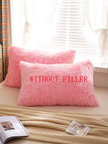 1pair Plain Plush Pillowcase Without Filler - Pink - View 4