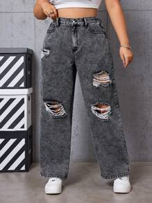 SHEIN EZwear Women's Plus Size Ripped Straight Leg Boyfriend Jeans - Black - View 7