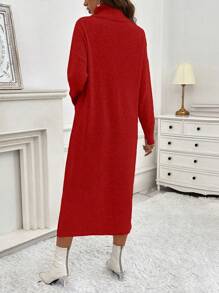 SHEIN LUNE 休閒女式高領毛衣裙 - 紅色 - 查看 2