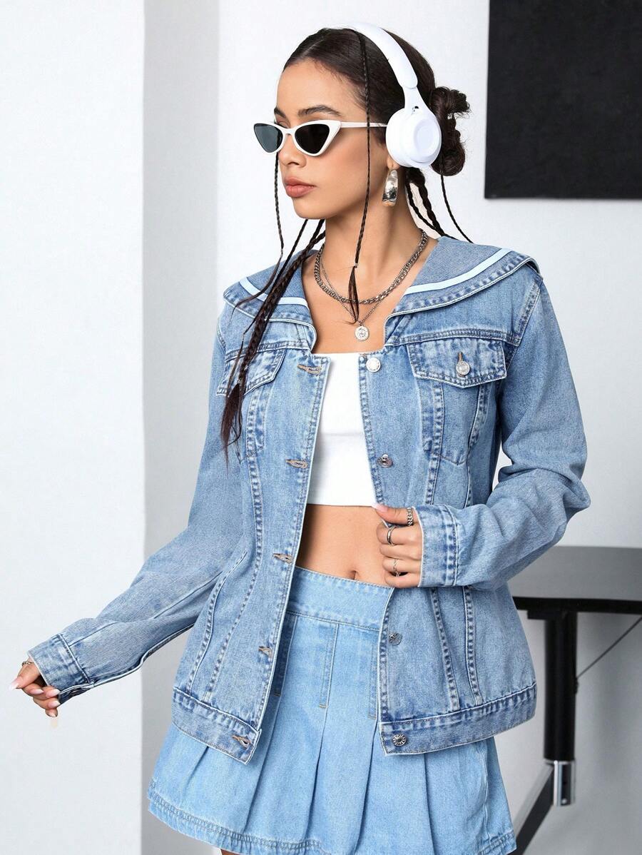 SHEIN EZwear 女式帶水手領牛仔外套