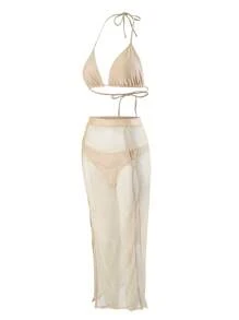 Swim SXY 夏季海滩女士性感比基尼套装 - 杏色 - 查看 6