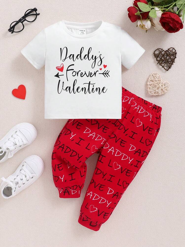 Valentine'S Day Baby Boy Baby Girl Letter Prints Round Neck Short Sleeve Top+Footed Pants Set