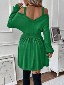 Chiquease Solid Color Off-Shoulder Batwing Sleeve Sweater Dress Fall Cloth For Women - Green - View 2
