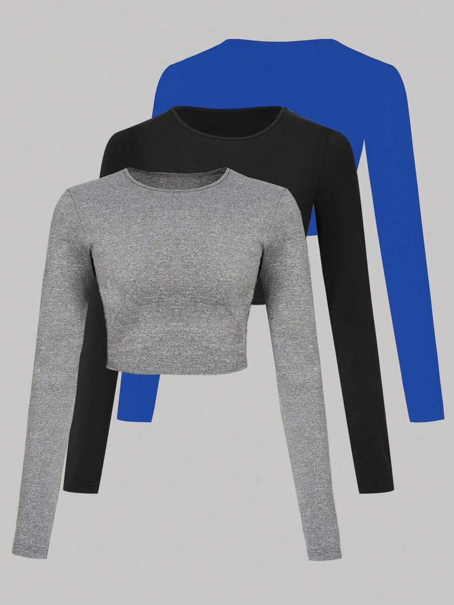 SHEIN Essnce Của phụ nữ Vòng cổ Tay áo dài Áo thun - Xanh đậm - Xem 1