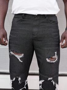 Manfinity LEGND 男士加大號破洞直筒牛仔褲 - 黑色 - 查看 8