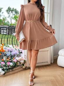 SHEIN Franclia 大尺碼女士荷葉邊打擺連衣裙 - 卡其色 - 查看 3