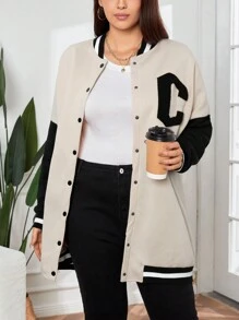 SHEIN EZwear 女士大尺碼字母拼接棒球外套 - 卡其色 - 查看 3