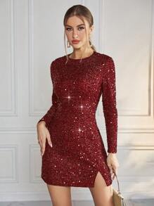 SHEIN Privé Women's Sparkly Sequined Round Neck Slit Dress - Burgundy - View 1