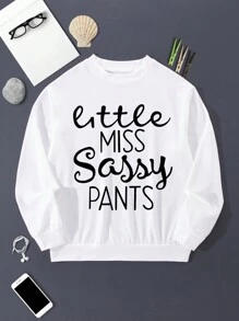 SHEIN Tween Girls' Casual Round-Neck Sweatshirt With Text Print - White - View 1