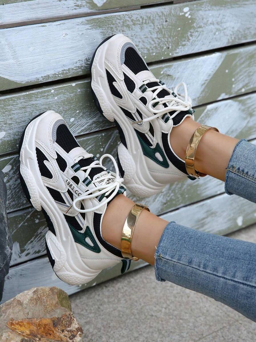 女式時尚黑色拼接圓頭系帶校園風休閒厚底鞋 - 黑色 - 查看 1