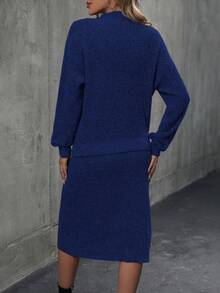 立領長袖毛衣和裙子套裝 - 藍色 - 查看 2