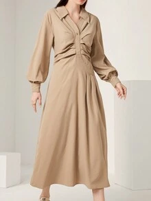 Mulvari 女士百褶襯衫連衣裙 - 卡其色 - 查看 5