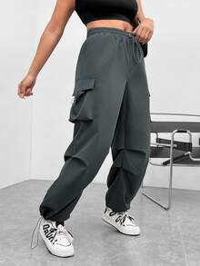 SHEIN EZwear Pantalones De Carga De Cintura Con Cordón De Talla Grande - Gris Oscuro - Ver 5
