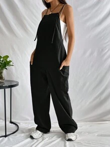 SHEIN EZwear 女式純色細肩寬腿連身褲 - 黑色 - 查看 6