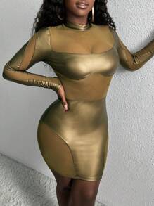 Slaydiva Vestido Ceñido Para Mujer Con Cuello De Soporte Y Detalles De Malla