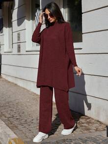 SHEIN Cottnline Solid Color Long Sweater And Knitted Pants Two Piece Set - Burgundy - View 4