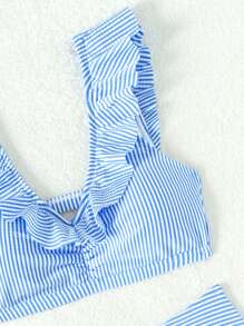 SHEIN Teen Girls' Striped Bikini Set With Ruffle Trim - Blue and White - View 3