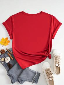SHEIN EZwear 女款標語印花短袖 T 卹 - 紅色 - 查看 2