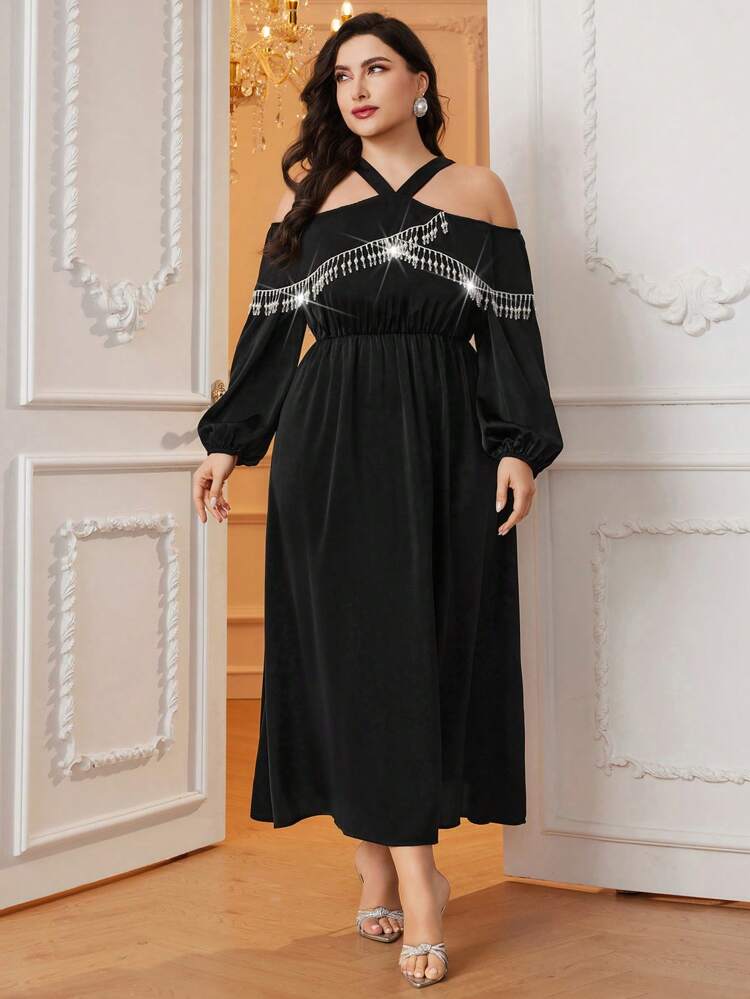 Plus Size Women Open Shoulder Dress With Rhinestone And Tassel Embellishment Long Evening Dresses