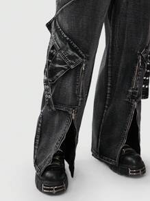 ROMWE MEN Grunge Punk Nam Chân thẳng Denim Quần jean Với túi Đồ trang trí - màu đen - Xem 4